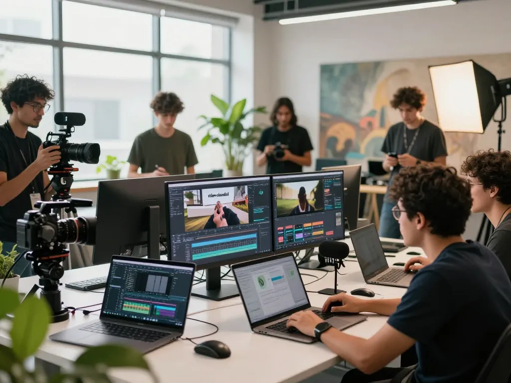 Team collaborating on a dynamic video skandal production in a modern studio.