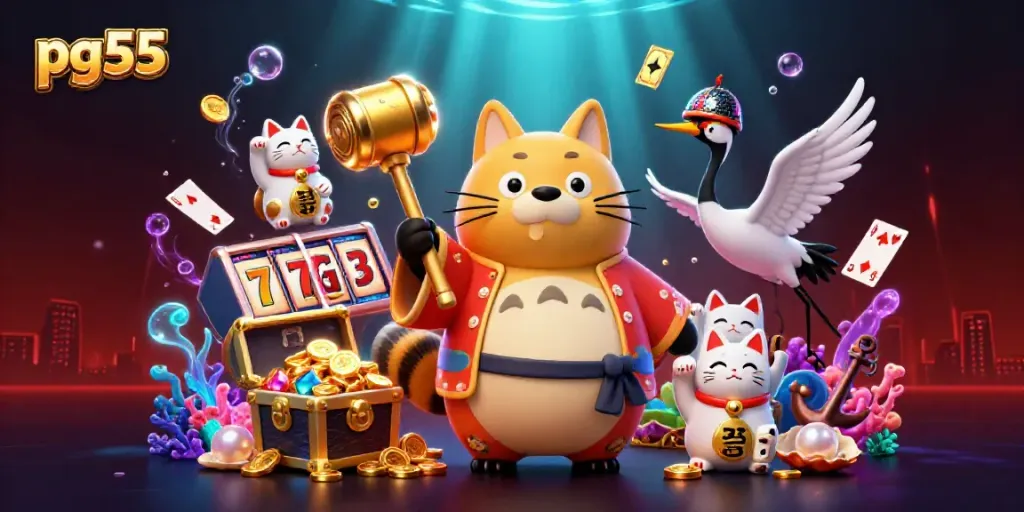 Spin reels and claim your fortune with pg55 in this vibrant casino scene featuring lucky symbols.