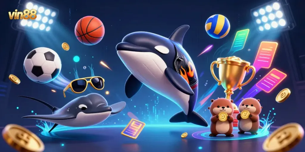 Experience the excitement of vin88 with dynamic illustrations of sports elements and a fun underwater scene.