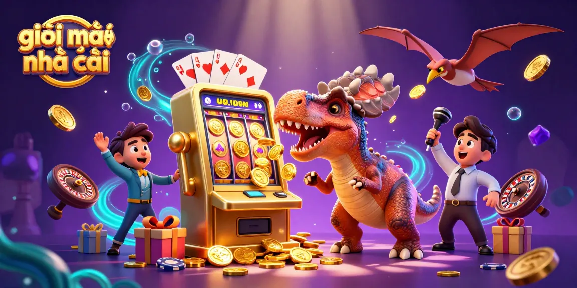 Experience the excitement at giải mã nhà cái with a cartoon illustration of a pachycephalosaurus winning big at a slot machine.