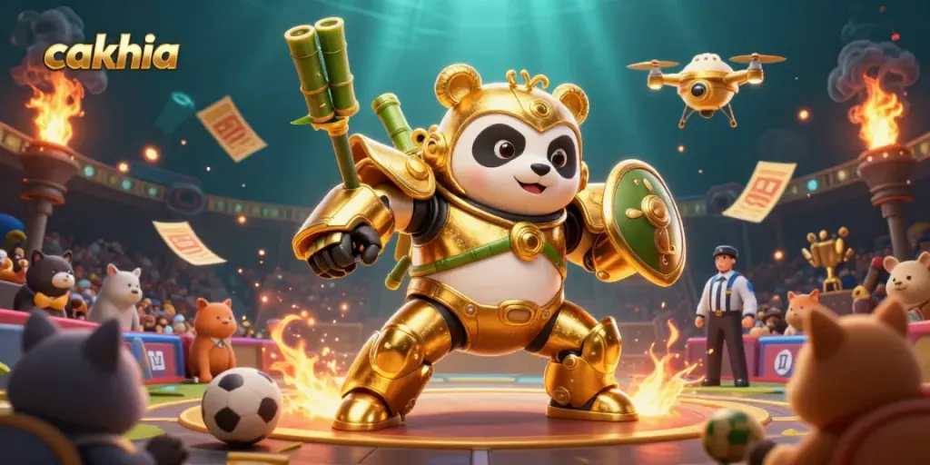Cakhia sports betting scene with panda robot battling in a vibrant casino atmosphere.
