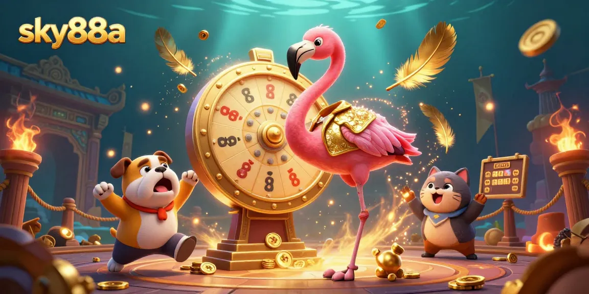 Spin the giant prize wheel at sky88a with cartoon characters celebrating gambling victories.