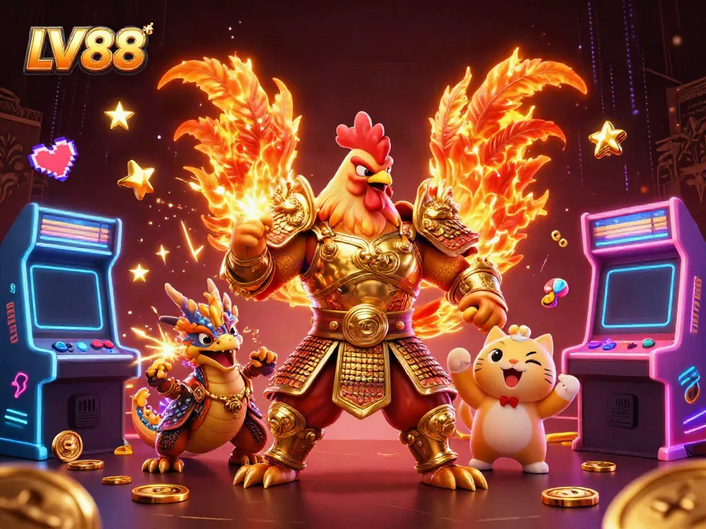 Experience the excitement of LV88 with a fighting rooster, dragon, and gaming elements in vibrant 3D.
