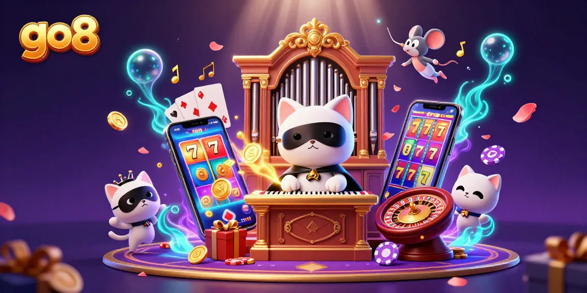 Experience the excitement of go8 with a captivating 3D casino illustration showcasing spinning slot games and winning elements.
