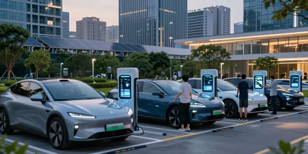 Futuristic electric vehicle charging station scene featuring dynamic cityscape, perfect for experience-electrique.org content.