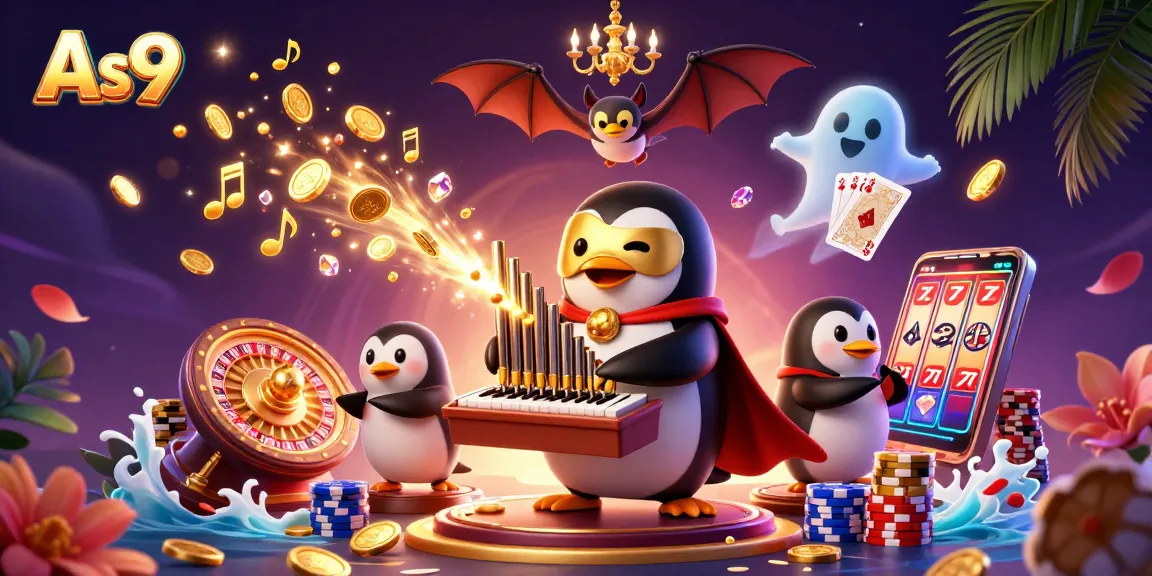 As9 showcases a fantasy casino scene with a penguin playing an organ, surrounded by gaming elements.
