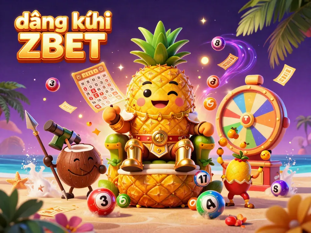 Engaging illustration of a golden pineapple king and character ensemble promoting đăng ký ZBET in a festive casino setting.