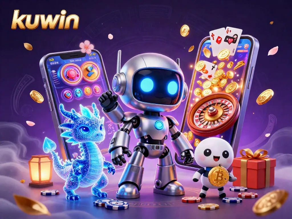 Kuwin showcases an exciting 3D casino scene with a robot, dragon, and drone, featuring dynamic gambling elements.