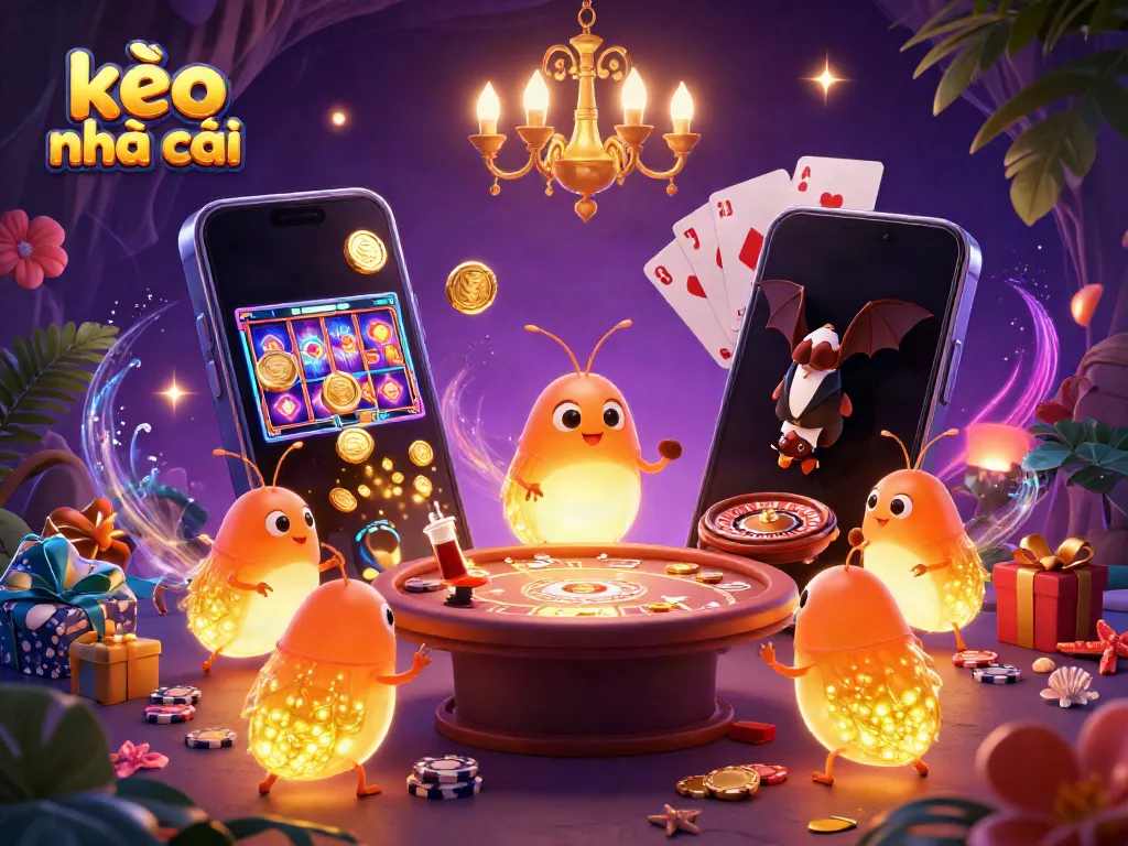 Experience kèo nhà cái with this vibrant scene of glowworms lighting a cave casino filled with games.