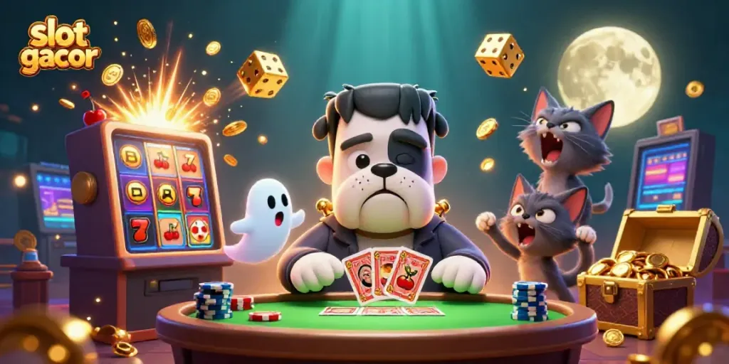 Experience thrilling fun with slot gacor as the Frankenstein bulldog deals cards at a spooky casino table.
