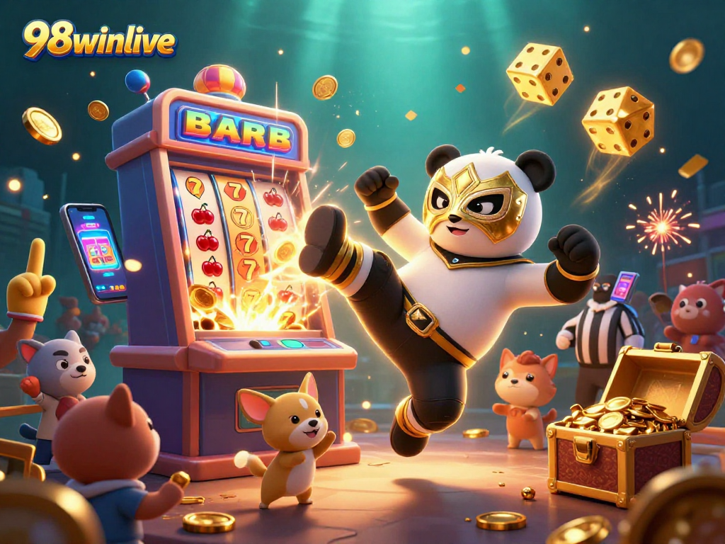 Experience excitement with 98winlive as playful characters celebrate wins around slot machines and casino games.