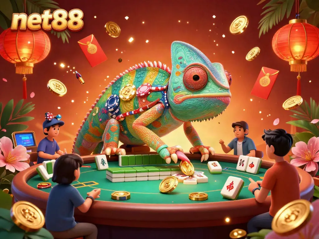 Experience the thrilling world of betting at net88 with a vibrant chameleon casino owner and dynamic game elements.