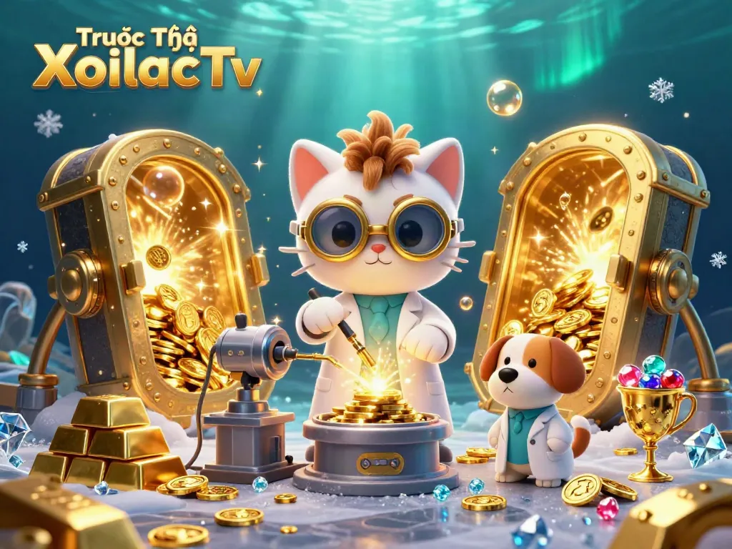 Catch the thrill of Trực Tiếp XoilacTv with a vibrant scene of gold and treasures in a playful 3D casino illustration.