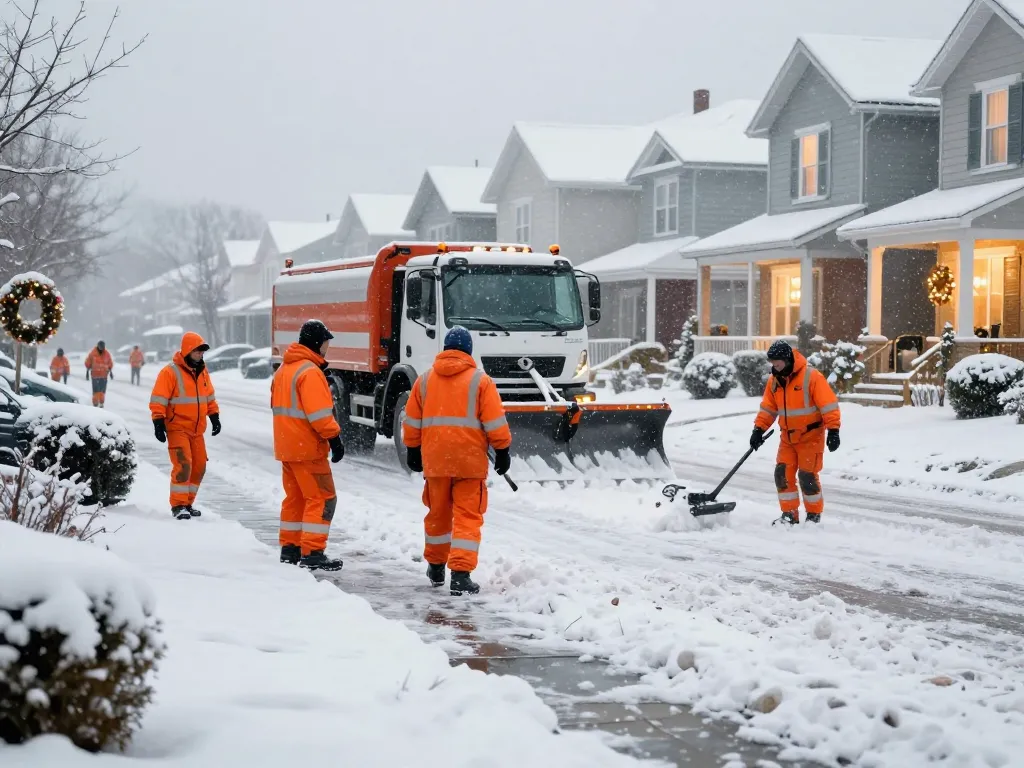 Zuverlässiger Schneeräumdienst in deiner Region, während ein Schneeräumteam Fußwege in Wohngebieten räumt und Sicherheit im Winter gewährleistet.