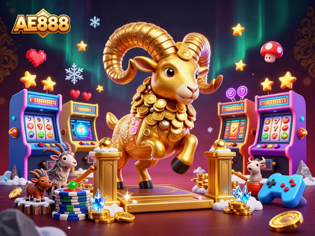 Engage in thrilling gameplay at AE888 with an exciting 3D casino scene featuring golden ram and colorful game machines.