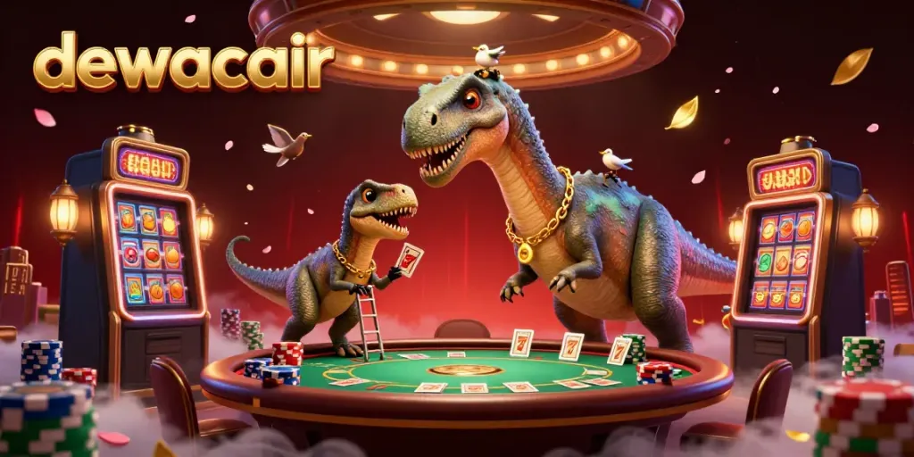Experience the thrill of dewacair slot games with vibrant casino illustration featuring dynamic elements and characters.