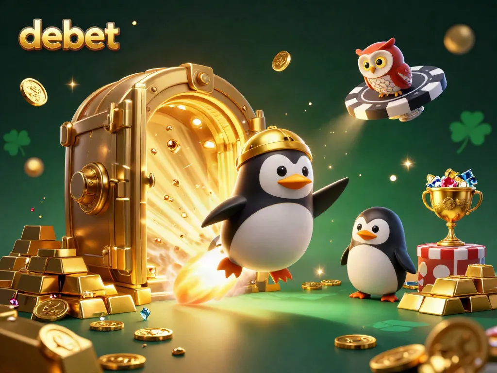 Experience thrilling gaming with debet, a lively scene featuring a golden penguin in a casino universe.