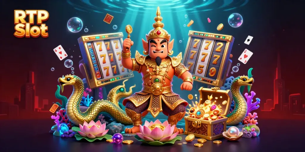 Experience RTP Slot excitement with this 3D illustration featuring a temple guardian and slot reels.