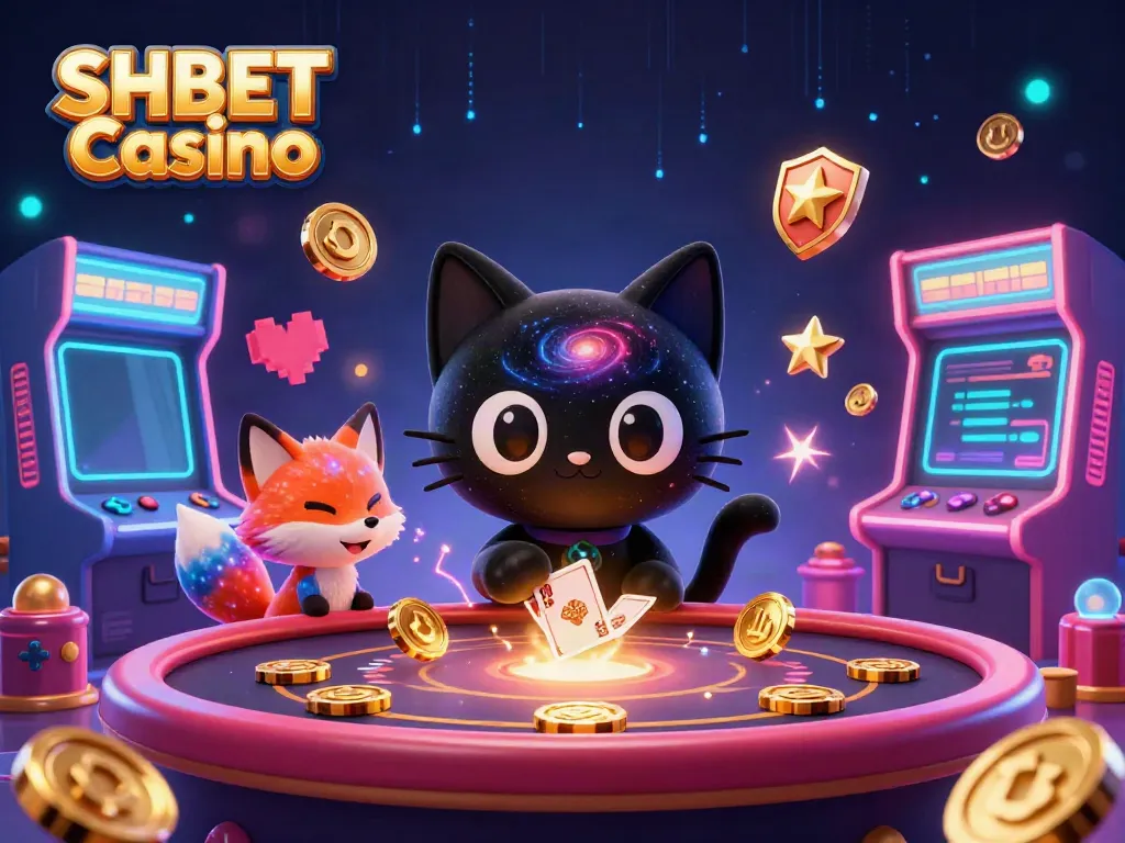 Experience the thrilling universe of SHBET Casino with a cosmic cat and colorful fox at a casino table.