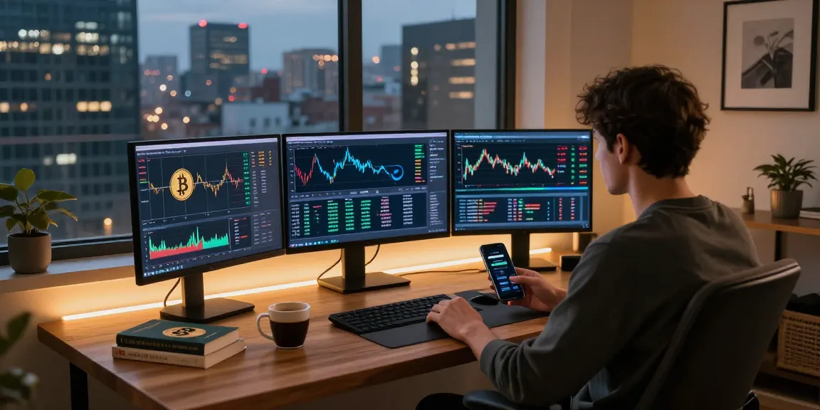 hitpaw edimakor und Bitcoin Trading in einer modernen Wohnung mit LED-Beleuchtung und mehreren Bildschirmen.