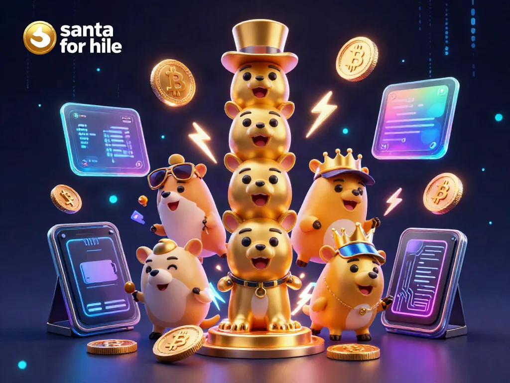 Experience the joy of 'santa for hire' with festive casino-themed characters and neon blockchain elements.