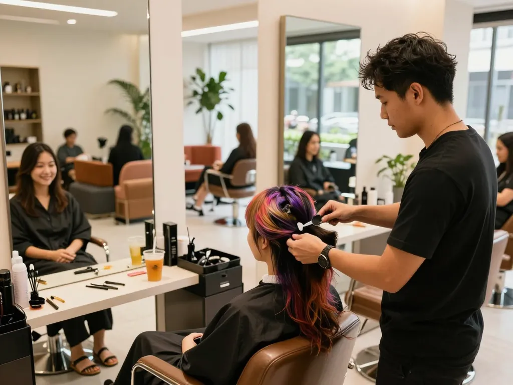 Stylish hair salon Singapore scene with hairstylist applying color treatment to a client's hair.