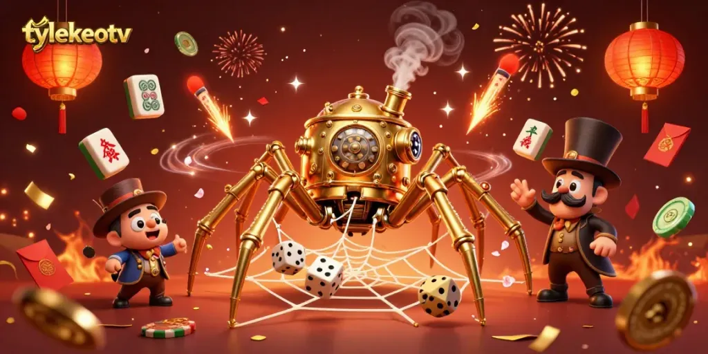 Play exciting games at tylekeotv with the golden spider catching dice in a lively casino scene.