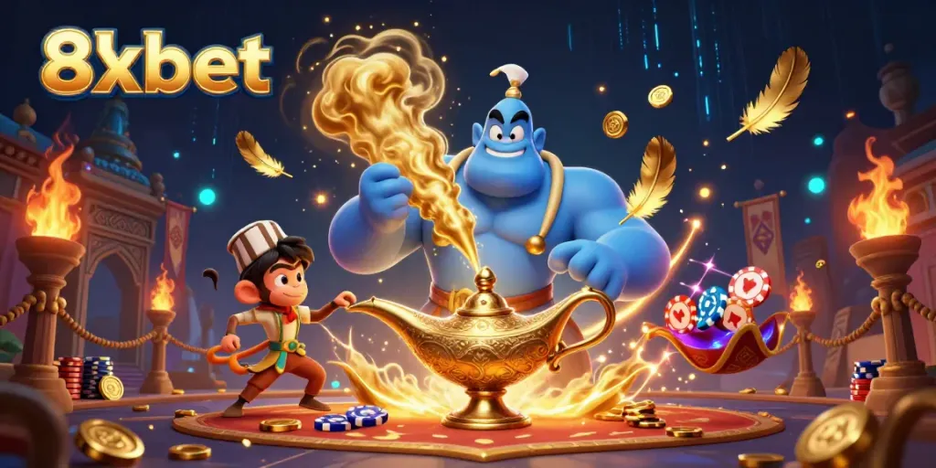 Engage in thrilling gameplay with 8xbet's magical gaming experience featuring a genie and poker chips.