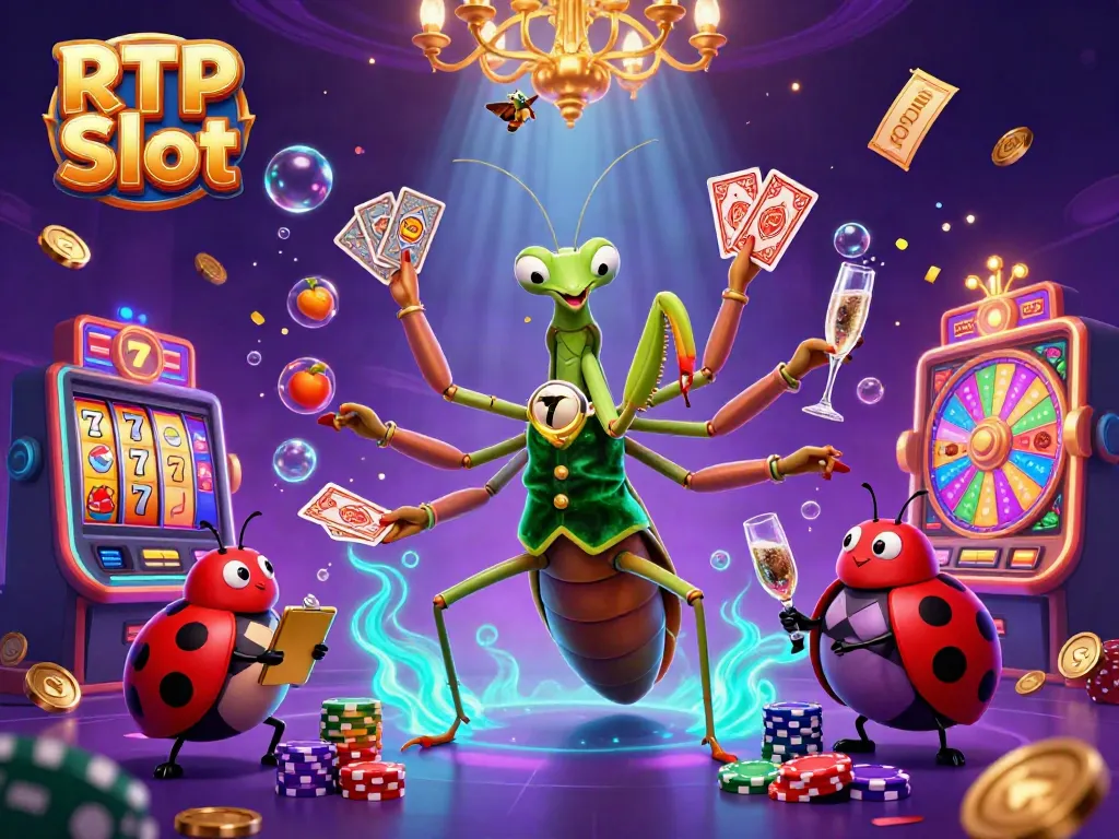 Experience RTP Slot excitement with a vibrant scene of a card sharp and pit boss amidst dynamic slot elements.