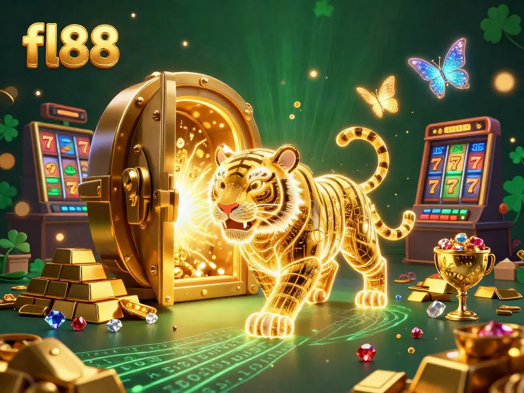 Experience the excitement of fl88 with a neon golden tiger in a vibrant casino scene filled with treasure and high-stakes gaming.