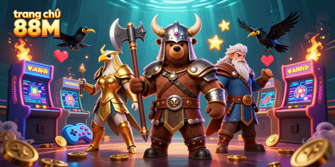 Experience gaming excitement at trang chủ 88M, featuring dynamic casino elements with cartoon characters.