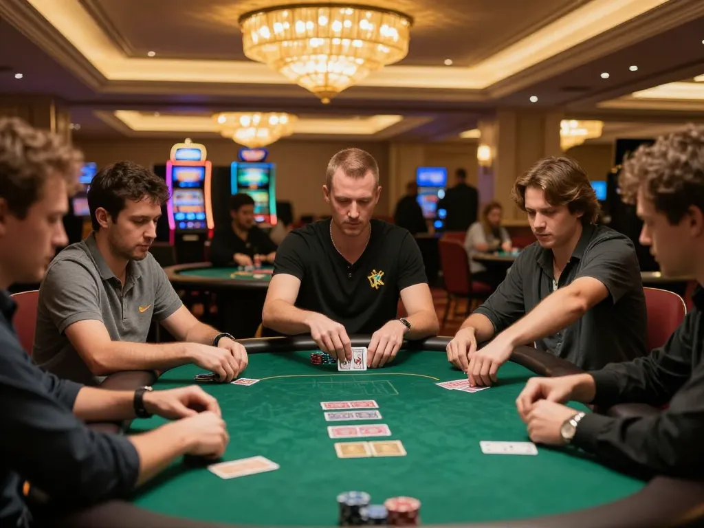 Engaging poker game at upscale casino highlighting 58Win's strategic gameplay environment.