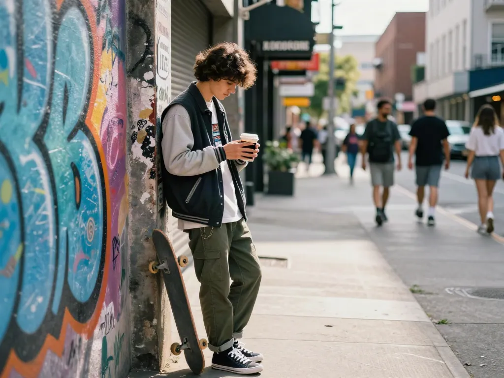 Youth enjoying urban lifestyle while checking rokok88 content on smartphone by colorful graffiti wall.