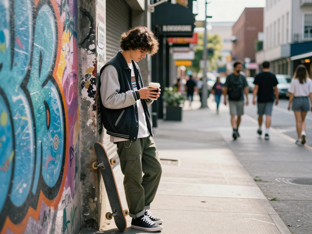 Youth enjoying urban lifestyle while checking rokok88 content on smartphone by colorful graffiti wall.