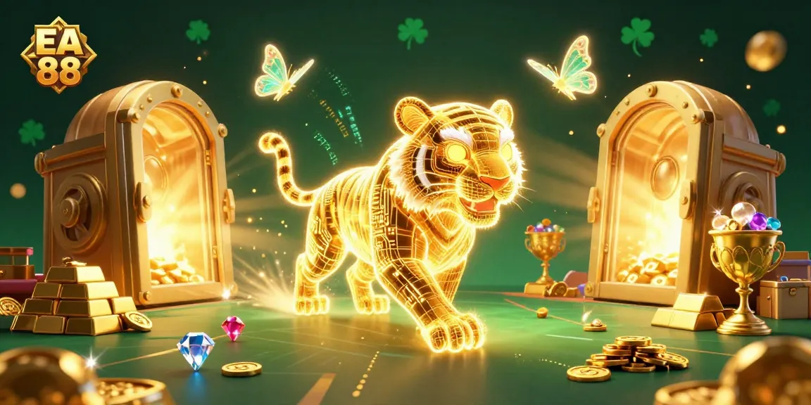 Experience the thrill of EA 88 with a dynamic digital casino featuring a golden tiger and treasures.