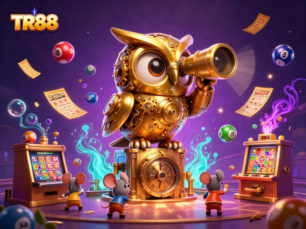 TR88 game scene showcasing a clockwork owl, vibrant casino elements, and animated lottery dynamics.