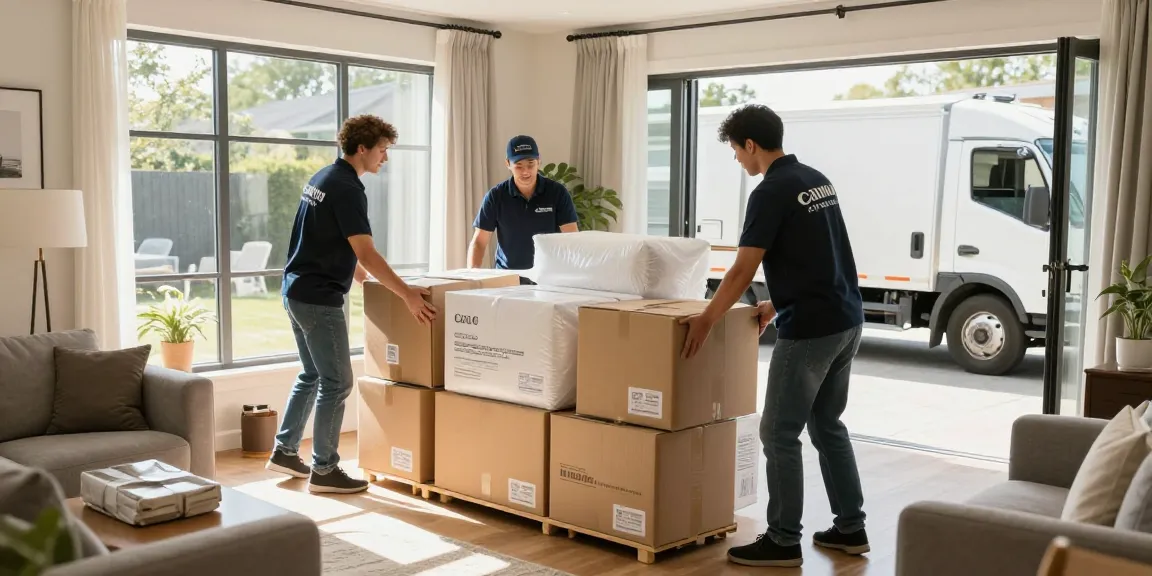 Umzugsunternehmen Bruchsal: Professionelles Team beim Umzug, Möbel und Kartons im modernen Wohnzimmer
