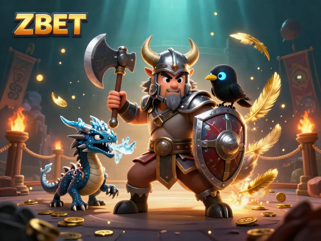 ZBET's Viking warrior dominates a casino-themed battle scene filled with gold coins and dragon effects.