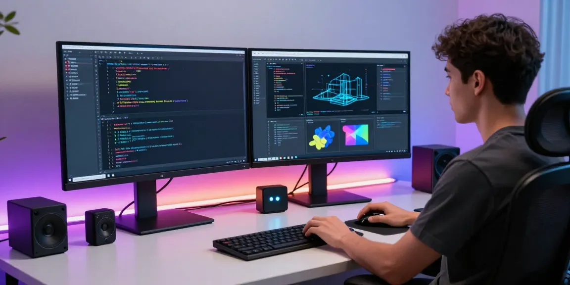 Immobilienmakler Karlsruhe - Moderner Arbeitsplatz für Softwareentwicklung mit Tech-Tools.