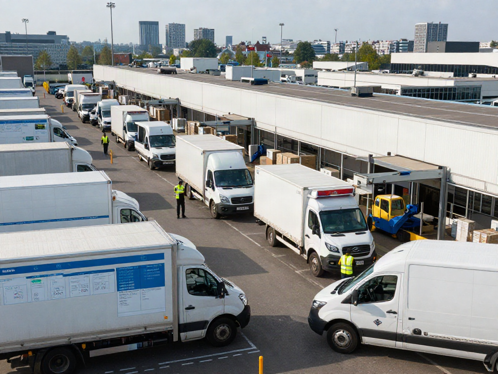 Effizientes Transportunternehmen in Düsseldorf mit Lkw und aktiven Arbeitern bei der Beladung von Gütern.