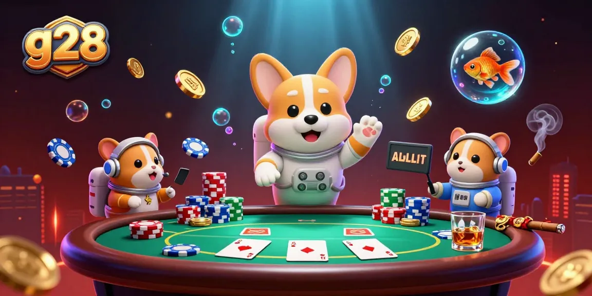 g28 casino scene with a corgi astronaut, poker elements, and colorful chips floating