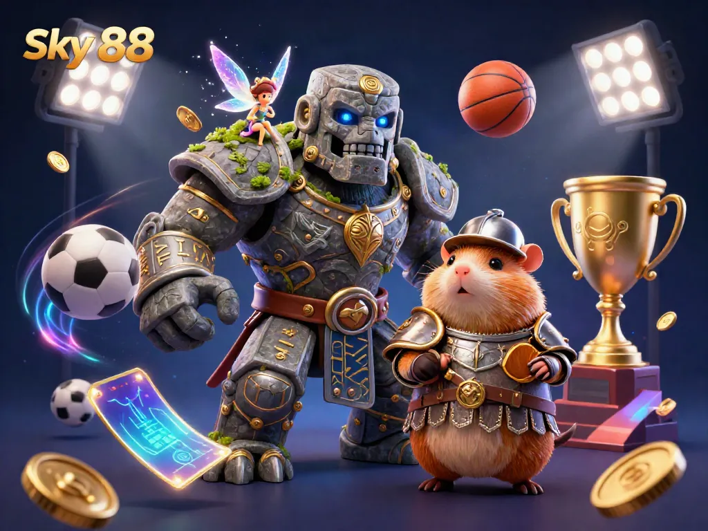 Engage with Sky 88 in a vibrant 3D fantasy illustration of a stone golem, fairy, and hamster knight amid dynamic sports betting action.