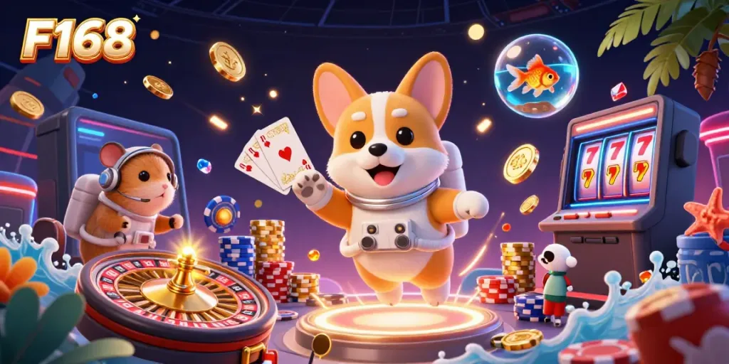 Experience the excitement of F168 in a thrilling 3D space casino scene with vibrant characters and game elements.