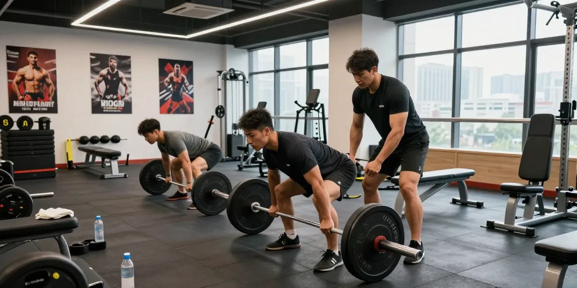 Bodybuilder im Steroidshop beim Training mit Gewichten, umgeben von Fitnessgeräten und motivierenden Postern.
