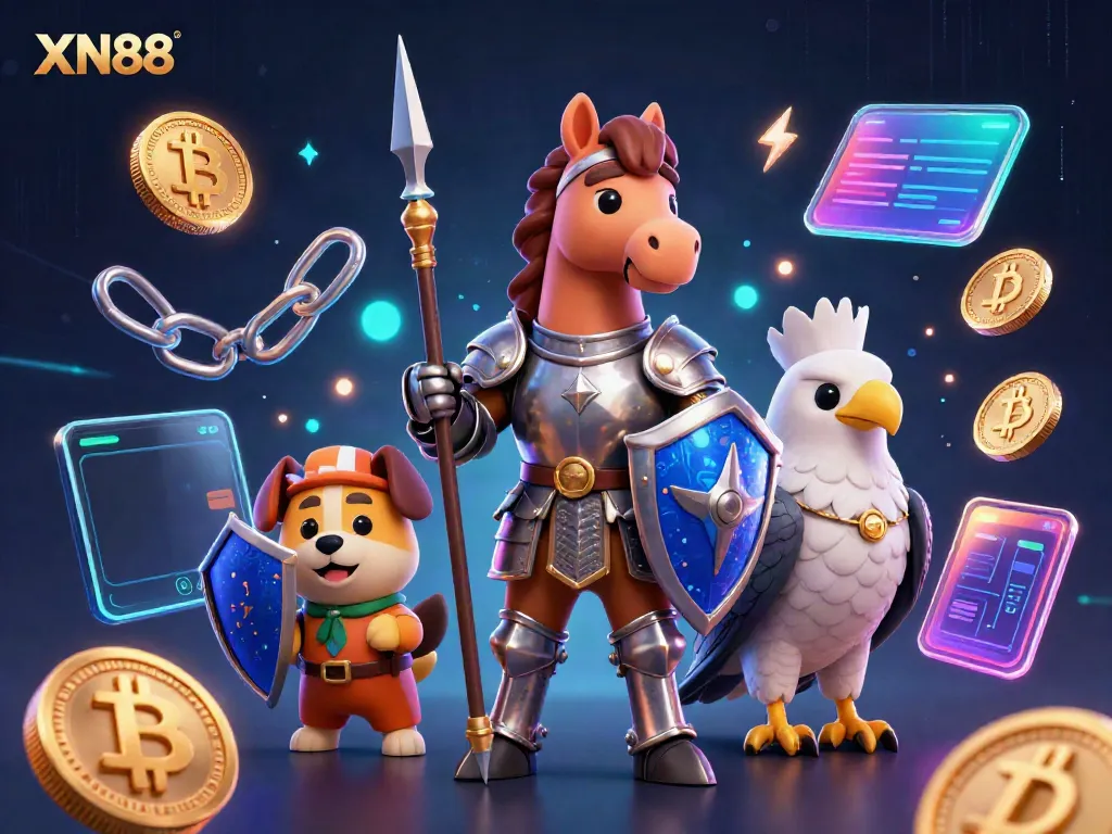 Experience captivating gaming with XN88 as a knight, puppy, and falcon gather amidst vibrant crypto elements in 3D.