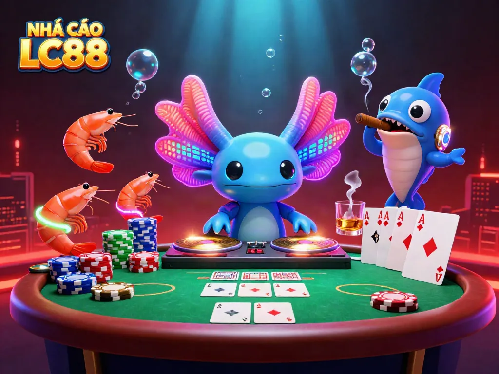 Experience vibrant gaming scenes with NHÀ CÁI LC88 featuring energetic underwater characters and casino elements.