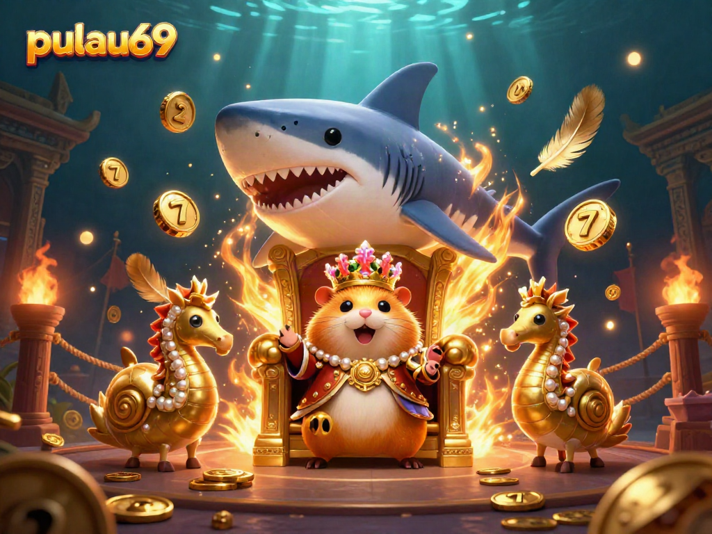Pulau69 showcases a golden hamster king on a megalodon throne with vibrant casino elements, emphasizing thrilling underwater gaming.