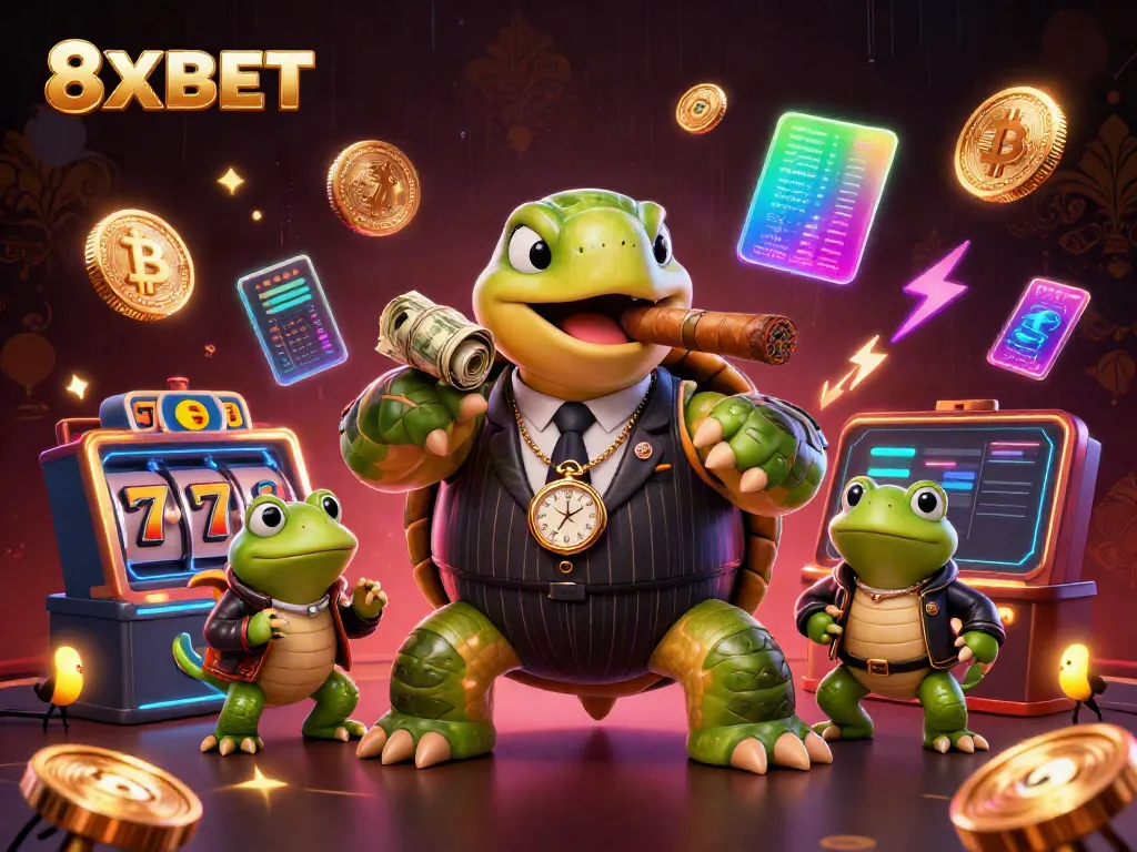 Enjoy thrilling action at 8XBET with vibrant slot machines and characters bringing the casino ambiance alive.