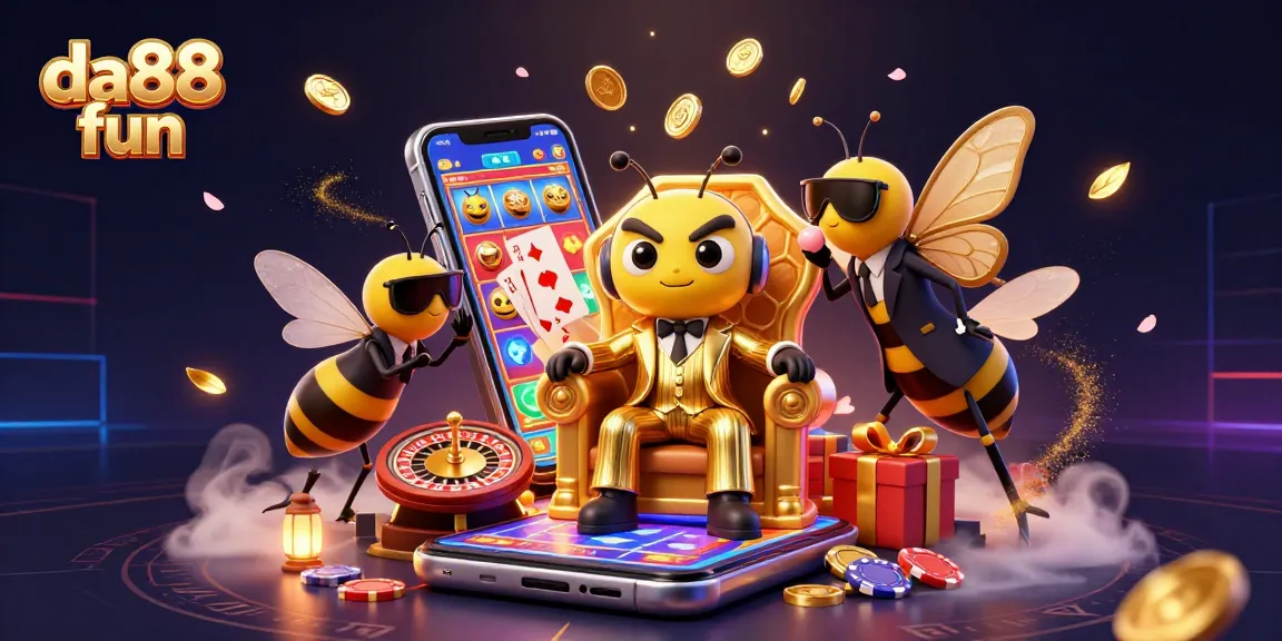 Experience da88 fun with a bumblebee boss and gaming elements in a vibrant casino scene.