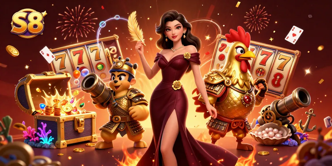 S8 casino gaming scene featuring a glamorous woman and a golden samurai rooster amidst slot jackpots and treasure